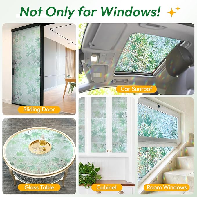 rabbitgoo Rainbow Window Privacy Film Decorative Stained Glass Diamond Pattern Window Sticker with Iridescent Tint Non-Adhesive Static Cling for Home Office Bathroom, Green Leaf 17.5 x78.7 inch
