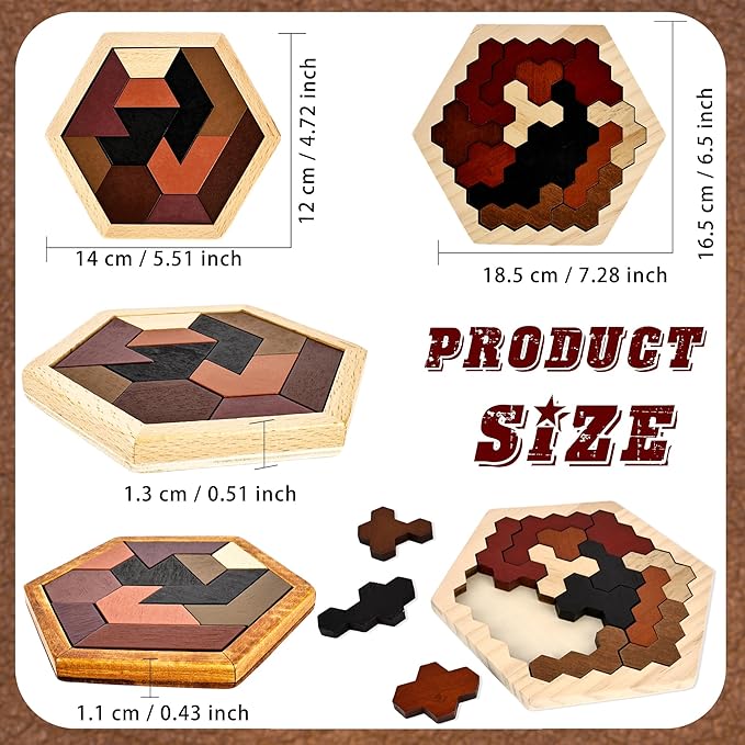 6 Pack Wooden Hexagon Tangram Puzzle Wood Tangram Block Puzzle Set with Storage Bag for Challenge Intelligence Teasers Logic Mind Game