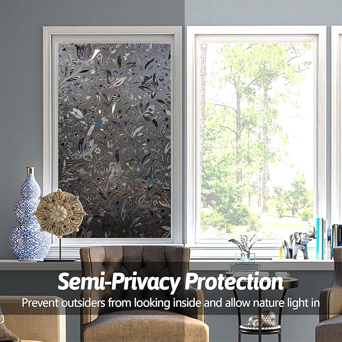 NINETREX Window Privacy Film,Decorative Window Film Frosted,Stained Glass Window Cling,Heat Blocker Non-Adhesive for Home,Grayish Black 23.6 x 78.7inch