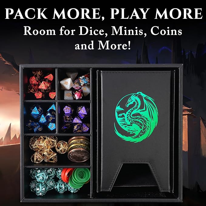 Dice Tray and Dice Tower for DND: All-in-One Tray, Storage & Large Tower for Random Rolls - Stores Your Sets, Mini's etc, Perfect for D&D and RPG Gift Accessories (Green Dragon)