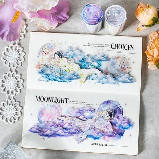 6 Rolls Moon Flower PET Tape Set, Pre-Cut Aesthetic Stickers for Journaling, Scrapbooking, and DIY Crafts, with Decorative Clip