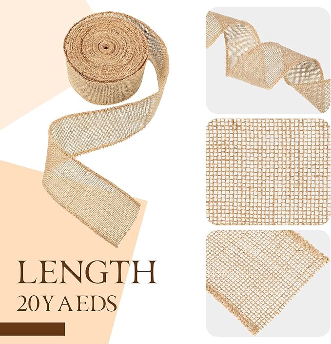 20 Yard 2 Inches Burlap Ribbon Wide Jute Ribbon Natural Burlap Fabric Roll Wired Edge for Wreaths, Christmas Tree Decoration, Big Bow Crafts, Gift Wrapping, Wedding