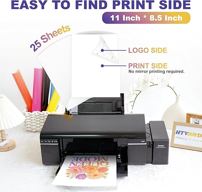 HTVJOYDO Iron-On Heat Transfer Paper for T-Shirts, 25 Sheets 8.5x11", Iron on Vinyl for Light Fabric, Printable Heat Transfer Vinyl for Inkjet Printer, Perfect for Summer Crafts