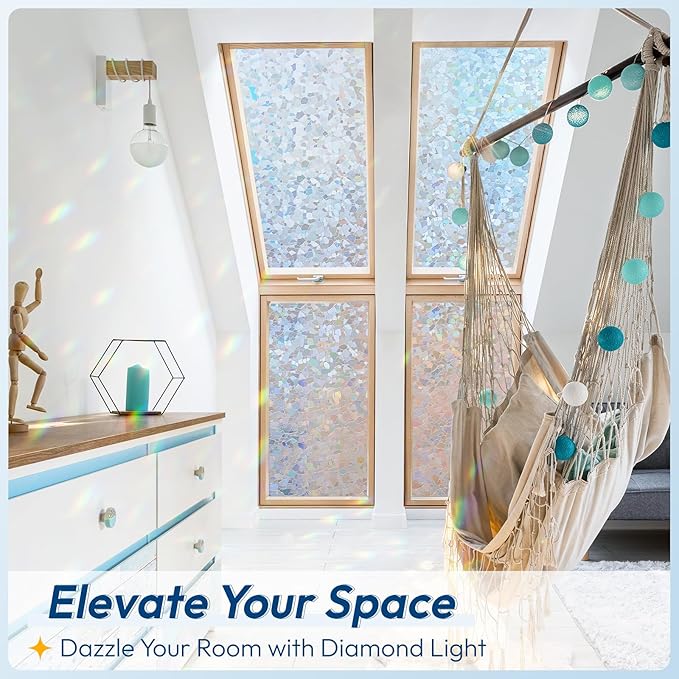 rabbitgoo Rainbow Window Privacy Film Decorative Stained Glass Diamond Pattern Window Sticker with Iridescent Tint Non-Adhesive Static Cling for Home Office Crystal Pattern, 23.6 x 118.1 inch