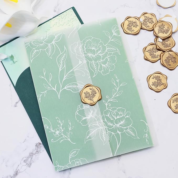 SWANGSA 50 Sets Wedding Invitations Wraps, Vellum Jackets for 5x7 Invitations & Self Adhesive Antique Gold Eucalyptus Wax Seal Stickers for Wedding Bridal Baby Shower Birthday Envelopes (White Rose)