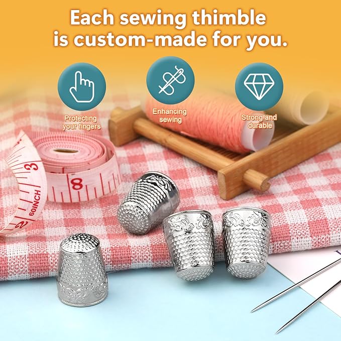 ZMAAGG 4PCS Sewing Thimbles for Hand Sewing, Metal Finger Protector, Quilting Craft Accessories for Knitting Needlework DIY Tools