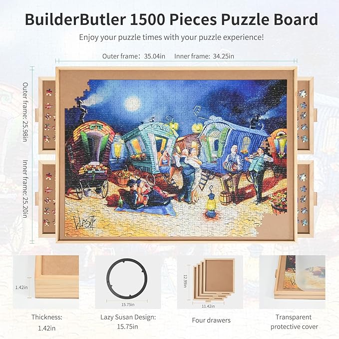 1500 Pieces Rotating Puzzle Board with 4 Drawers,34.25"x25.2" Portable Wooden Jigsaw Puzzle Table with Lazy Susan Spinning Cover for Adults