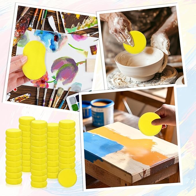 50 Pack Painting Sponge Pottery Sponges 2.9 inch Round Sponge Clay sponges for Pottery Yellow Artist Sponges for Face Painting Pottery Ceramics Art Crafts