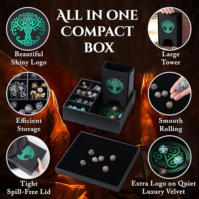 Dice Tray and Dice Tower for DND and RPG - All-in-One Game Roamer Tray & Large Tower for Random Rolls - Stores Your Sets, Mini's and More Compatible with D&D (Green Tree)