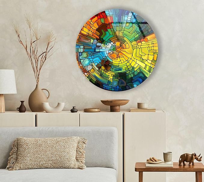 My Photostation.com 31.5''(80cm) Diameter Stained Yellow Round Glass Wall Art Tempered Glass Printing Wall Decor Large Wall Art Wall Hangings
