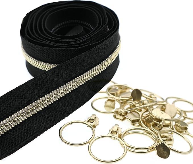 Leekayer #5 Metallic Nylon Coil Zippers by The Yard Bulk 10 Yards Black Zipper Tape with 25pcs Gold Ring Pull Sliders for DIY Sewing Tailor Craft Bag(Black Gold)