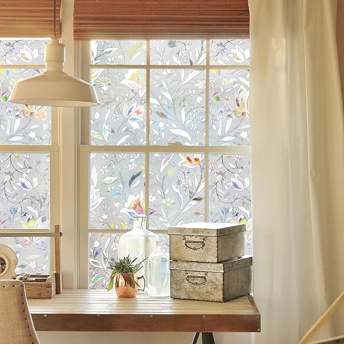 NINETREX Window Privacy Film,3D Stained Glass Window Film,Decorative Window Covering Sun Blocking Vinyl Static Cling Anti-UV Heat Control for Home Decor,Tulip 17.5 x 118.1inch