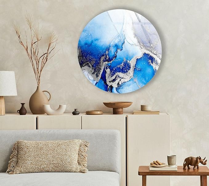My Photostation.com 39,4''(100cm) Diameter Blue Marble Round with Silver Details Glass Wall Art Tempered Glass Printing Wall Decor Large Wall Art Wall Hangings