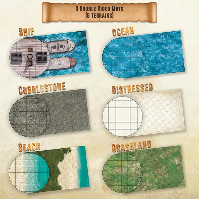 Melee Mats DND Map Starter Kit for Dungeons and Dragons Game - 24” x 36" 3 Pack Double Sided, Wet/Dry Erase Battle Terrain Grid - Ultimate Tabletop Board Gaming Experience with Accessories