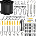 164FT Black Vinyl-Coated 304 Stainless Steel Cable – Heavy Duty String Lights Hanging Kit with Turnbuckle, Thimble & Hooks for Outdoor, Patio, Garden, Christmas Lights