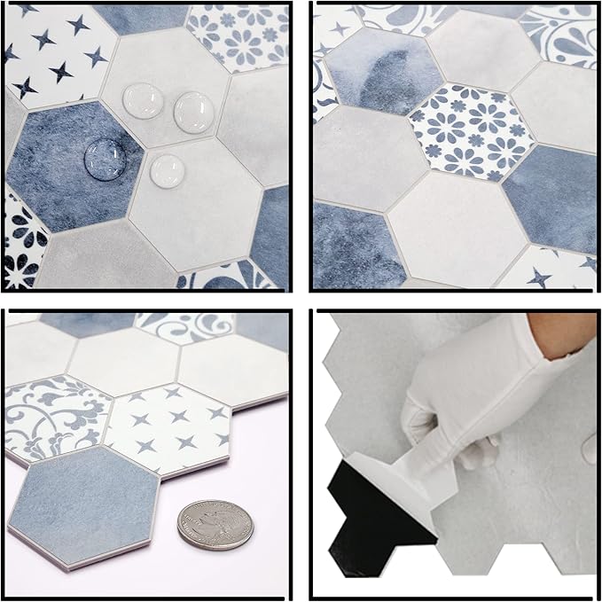 The Tiles Plaza 10-Sheet Peel and Stick Backsplash, Blue Cement Hexagon Stone Composite Marble Looks Self Adhesive Wall Tile, Stick On Tiles for Kitchen Bathroom Shower, Cover 9 Sq Ft.