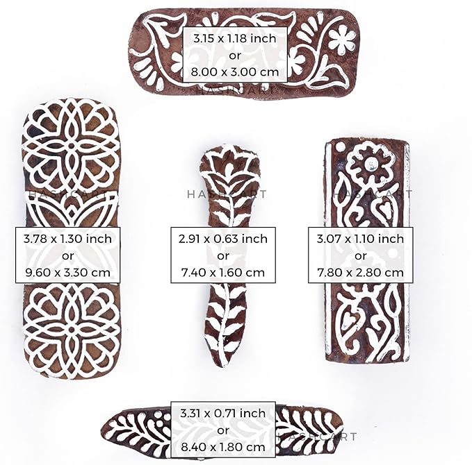 Wooden Stamps for Block Printing | Set of 5 | Border Shaped Wooden Finger Stamps, Tattoo Handcarved Indian Textile Printing Blocks for Henna Mehndi Clay Pottery Hashcart®