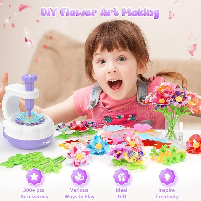 GirlsHome 300+PCS Fabric Flower Bouquets Toys, DIY Flower Crafts Kits for Kids, Arts and Crafts for Kids Ages 6-8 Girls, Build Flower Bouquet, STEM Educational Toy Preschool Gifts (White Purple)