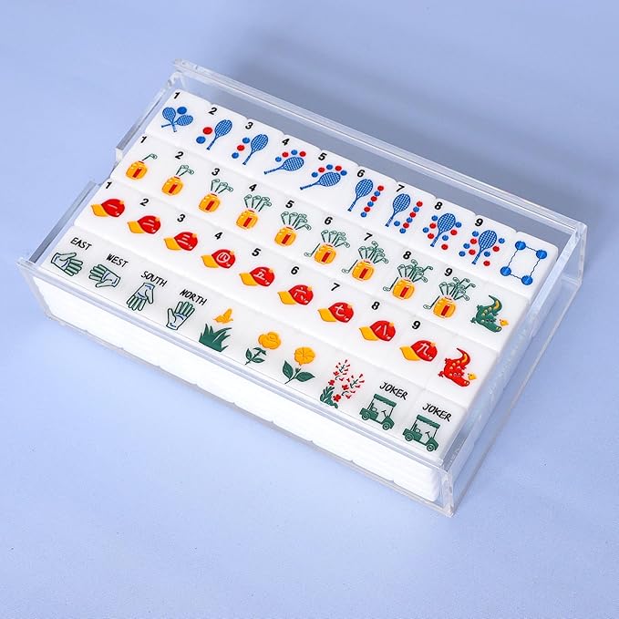 American Mahjong Tile Set with Clear Acrylic Box and Accessories, 160 Acrylic Engraved Mahjong Tiles, Mahjong Game Set