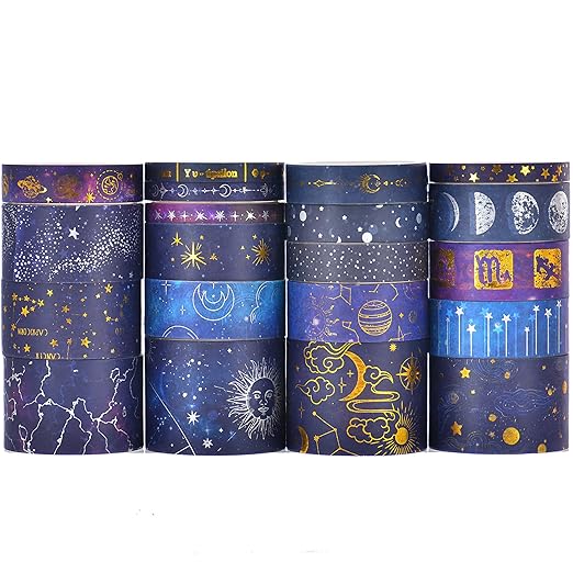 20 Rolls Galaxy Washi Tape Set Stars Arts Adhesive Tapes Gold Silver Foil Decorative Masking Tape Sets for Craft, Kids, Scrapbook, DIY, Gift Wrapping