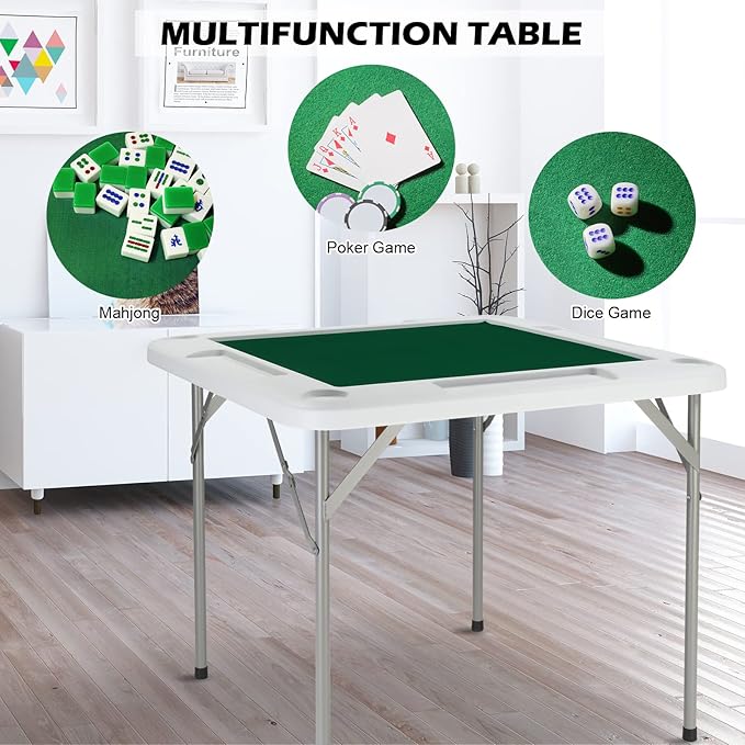 PEXMOR 35" Foldable Mahjong Table, 4 Player Card Game Table w/Cup Holders & Chip Grooves, Portable Folding Poker Domino Board Game Table for Blackjack, Texas Hold'em, Jigsaw Puzzles Game