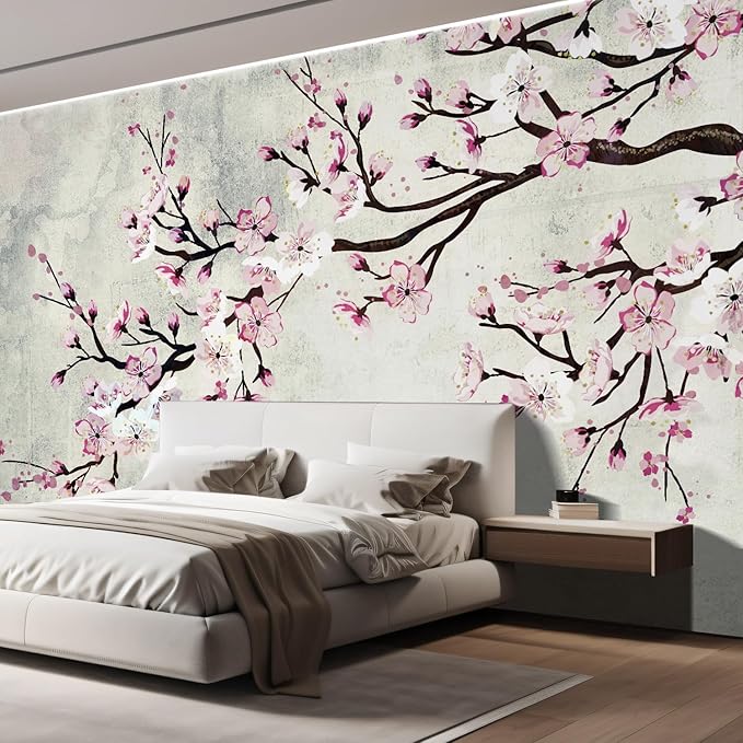 wall26 Large Wall Mural Watercolor Style Ink Painting Pink Cherry Blossom on Vintage Wall Background | Self-Adhesive Vinyl Wallpaper/Removable Modern Wall Decor - 108x120 inches