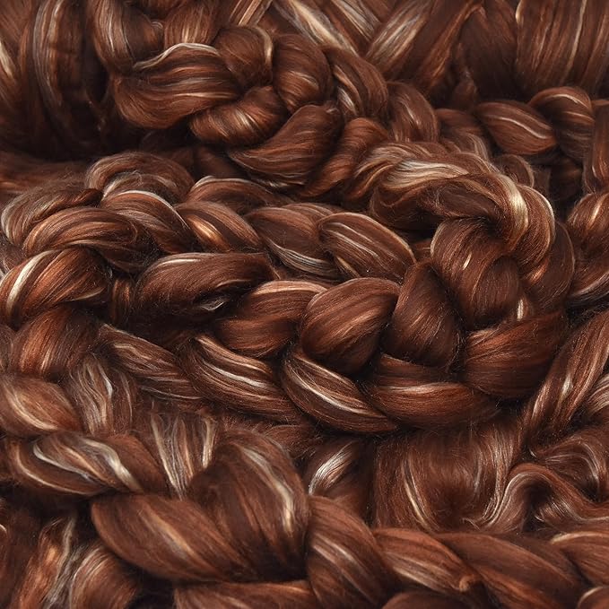 Merino Silk Luxe Tonal Designer Blend. Superfine Merino, Mulberry, Tussah Silk. Top Roving for Spinning or Felting. Cocoa Delight 1oz