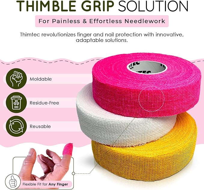 THIMTEC - The Original Thimble Tape for Hand Sewing - Fully Adjustable Nail & Finger Protector - A Smarter Alternative to Classic Knitting Thimbles - Multicolor, 3-Pack