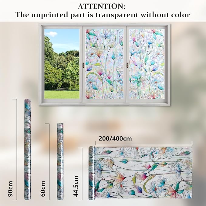 Donox Decorative Window Privacy Film, 3D Floral Stained Glass Window Film Static Cling Rainbow Privacy Sticker for Glass Door Heat Control Anti UV, No Adhesive (Magnolia,23.6 x 78.7 inches)