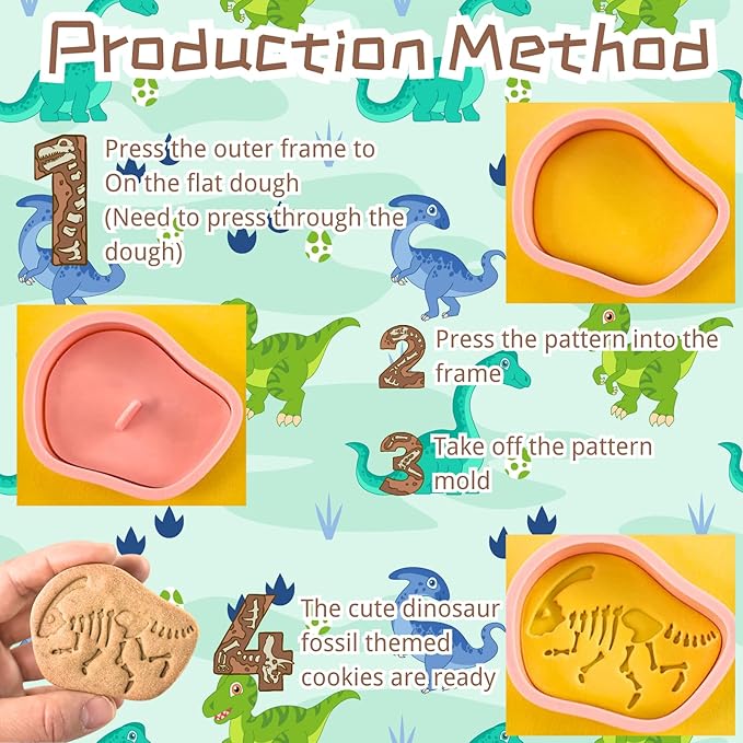 Dinosaur Fossil Cookie Cutter Set – 8pcs 3D Plastic Cookie Stamps – Fun Dino Skeleton Cookie Molds – Food Grade Kids Baking Set for Dinosaur-Themed Cookies, Cakes & Treats