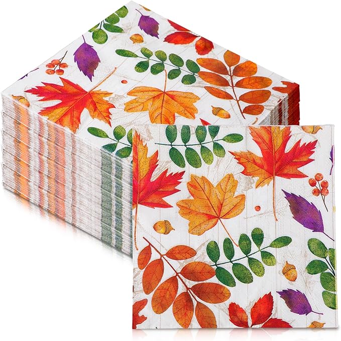 60 Pcs Fall Leaves Cocktail Paper Napkins 6.5 x 6.5 Inches Disposable Paper Napkins Dessert Beverage Napkin for Decoupage Luncheon Napkin for Party Wedding Birthday Party