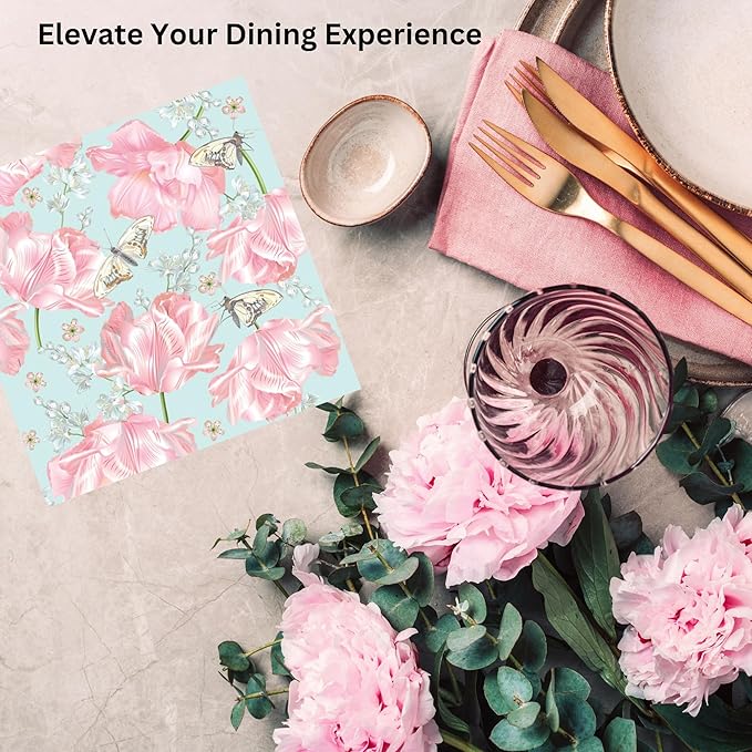 20-ct 13x13 Flowers Paper Luncheon Decoupage Napkins, 3-Ply Servilletas Printed Flower Pink Tulips Cocktail Napkin for Art, Dinner and Party, Disposable Napkins Decor