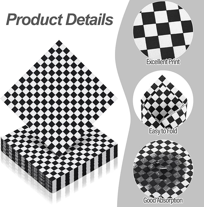 Aodaer 48 Pieces Race Car Paper Napkins Disposable Checkered Flag Napkin Racing Car Party Cocktail Dinner Napkin Set 13" x 13" Unfolded Tableware Napkins for Racing Party Supplies