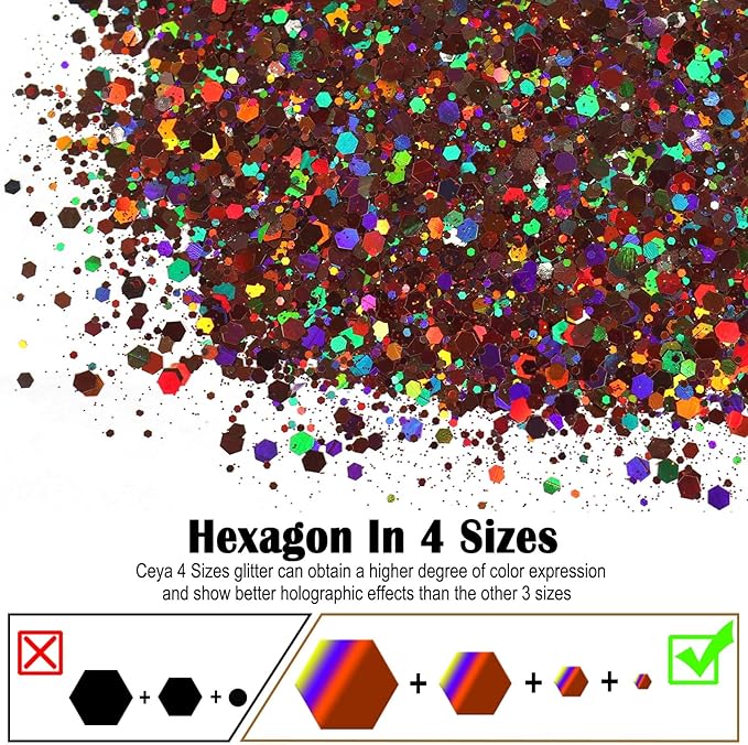 Ceya Holographic Chunky Glitter, 4.9oz/ 140g Brown Craft Glitter Powder Mixed Chunky & Fine Flakes Iridescent Nail Sequins for Nail Art, Hair, Epoxy Resin, Tumblers, Slime, Painting, Festival Decor