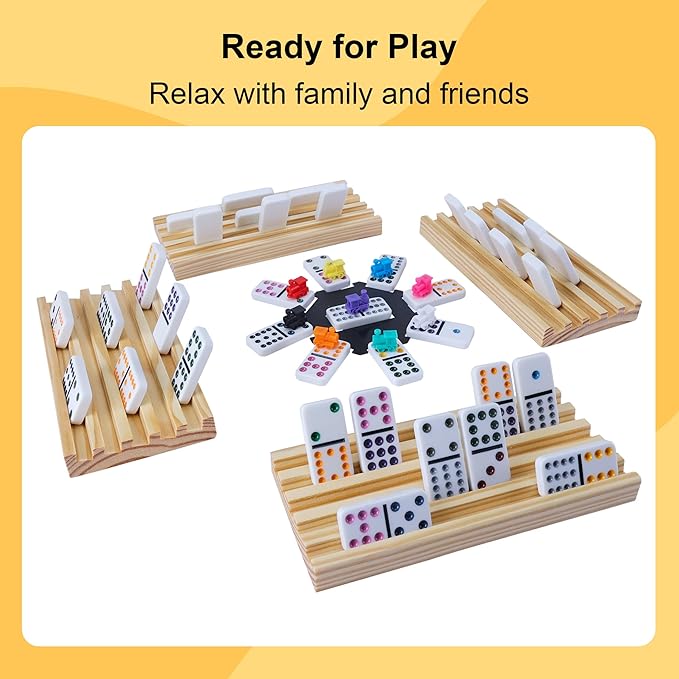 Double 12 Mexican Train Dominoes Set for Adults with 8PCS Wooden Holders, 9 Train Markers, 91 Color Dot Tile Dominos in Tin Box & Hub - Classic Family Board Game Set Party Toy Gift for Kids