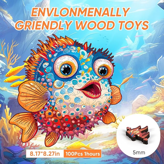 Wooden Puzzles for Kids,100 Pieces Ocean Puzzle,Unique Fish Shaped Wooden Puzzle, Preschool Puzzle Toys, Give Your Kids/Grandchildren, Suitable for Family Games