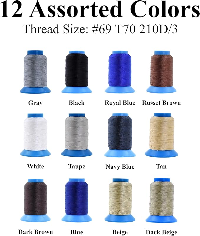 Mandala Crafts Bonded Nylon Thread 12 Assorted Neutral Colors Heavy Duty Sewing Threads - 3600 YDs Size 69 210D T70 Tex 70 Thread for Leather Jeans Weaving Outdoor Marine Upholstery Threads