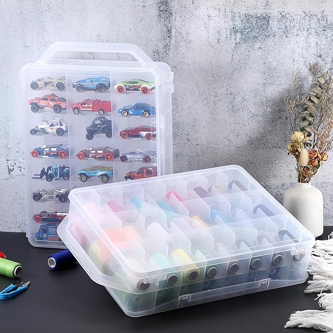 OwnMy 2 Pack 46 Grids Sewing Thread Organizer, Double-Sided Thread Spool Storage and Organizer Boxes, Plastic Embroidery Threads Embroidery Floss Organizers Boxes for Small Toys Cars, Sewing Crafts