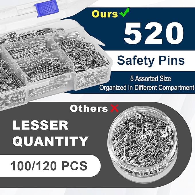 520 Pack Safety Pins, Assorted Size Bulk Silver Sewing Pins, Small & Large Heavy Duty Safety Pins for Clothes, Sewing, Art Crafts Supplies, Rust-Resistant Nickel Plated Steel