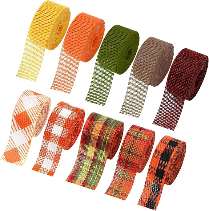 10 Rolls 50 Yard Fall Plaid Burlap Ribbon Rolls 1 Inch Autumn Gift Wrapping Ribbon Decorative for DIY Crafts Wreath Bow Making Supplies Home Decor