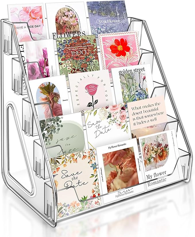 Tall 5-Tier Acrylic Card Display Stand for Greeting Cards, Sports Cards, Postcards, Stickers & Brochures, Easy Snap-On Sticker Display Rack