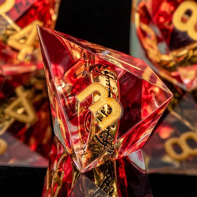 OUKELANWO Magic Lord Rings DND Dice Set with Box, 7Pcs Resin LOTR D&D Dice Set for Role Playing Game, Red Gold Dungeons Dragons D and D Sharp Edge Dice D20 D12 D10 D8 D6 D4