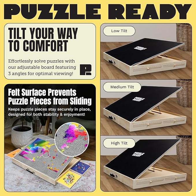 Puzzle Ready Jigsaw Puzzle Table with Drawers - 24x30 in, Wood, 1,000 Pc, 3 Angles - Color-Coded Puzzle Trays for 1,000-Pc Sorting - Tilt Angles for Jigsaw Workstation Table - Portable w/Handle