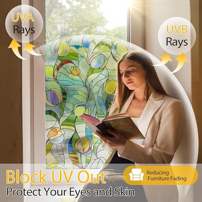 3D Stained Glass Window Film, Decorative Window Privacy Film for Bathroom,Front Door,Home, Sun Blocking Heat Control,Static Cling, Moonlight Tulip, 23.6inch x 35.4inch