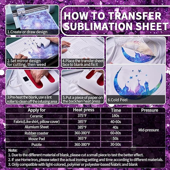Sublimation Transfer Sheets for Tumblers Blanks Tshirts,Purple Glitter Sublimation Transfer Paper for Heat Press Machine,8pcs,12x12