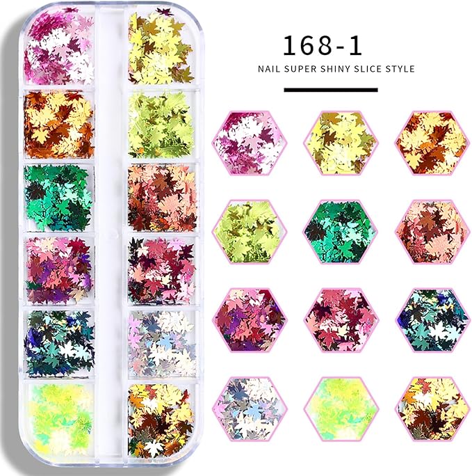 Thanksgiving Glitter Maple Leaf Nail Sequins Holographic Laser Mixed Color Fall Nail Flakes Design Nail Charms 3D Confetti Nail Art Stickers Maple Leaves Nail Glitter Sequins for Women