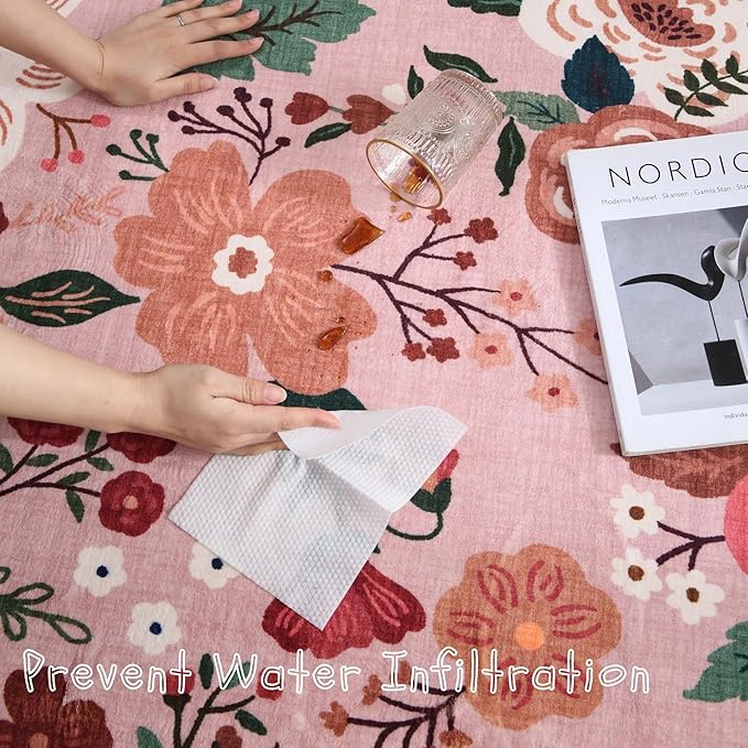 Rugcomf Bedroom Rug 3x5 Rug Washable Area Rug Non Slip Low Pile Boho Floral Small Carpet for Bedroom, Bedside, Kitchen, Entryway, Kids Room, Office, College Dorm Essentials for Girls(Pink)