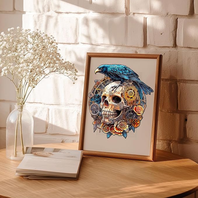 KAAYEE Wooden Puzzles for Adults, 3D Visual Effect Raven & Mechanical Skull Wooden Jigsaw Puzzle Unique Shape Wood Puzzle Adult, 3D Effect Flat Puzzle Birthday Family Games (M-11.4 * 10.1in-175pcs)
