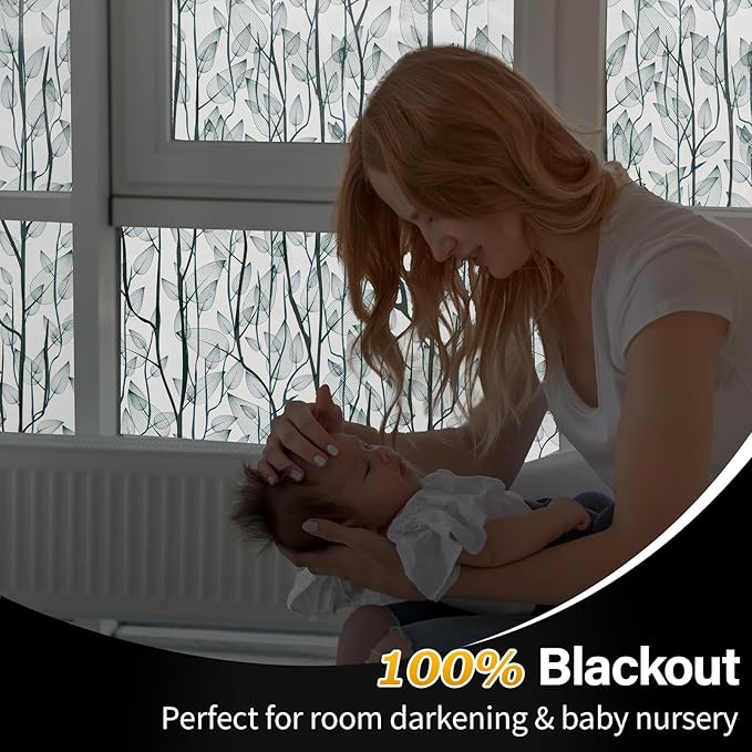 Leaf Pattern Window Tint with Installation Tools, Blackout Window Cover, Sun Blocking Window Tint for Home (Full Blackout Opaque, 17.7'' x 78.7'')