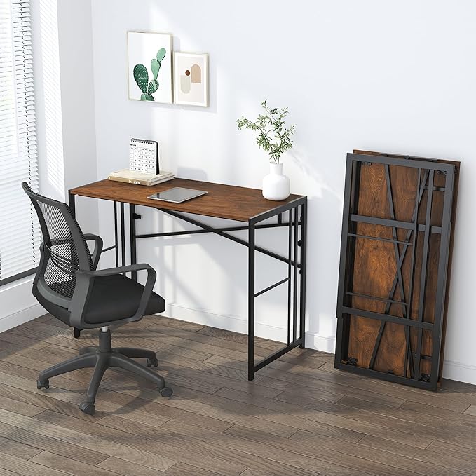 35 inch Folding Small Desk, Writing Gaming Computer Camping Desk for Small Spaces, No Assembly Required Home Office Table, Mahogany